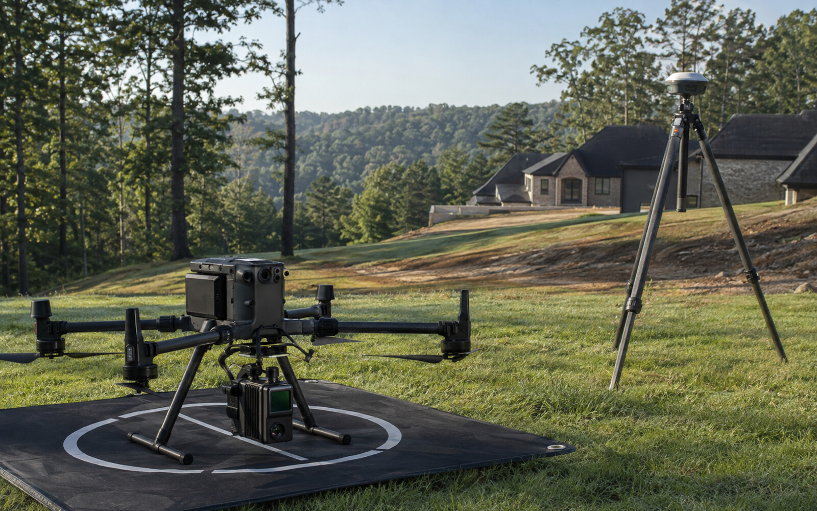 Enterprise mapping drone with LiDAR payload and GNSS rover on a residential site